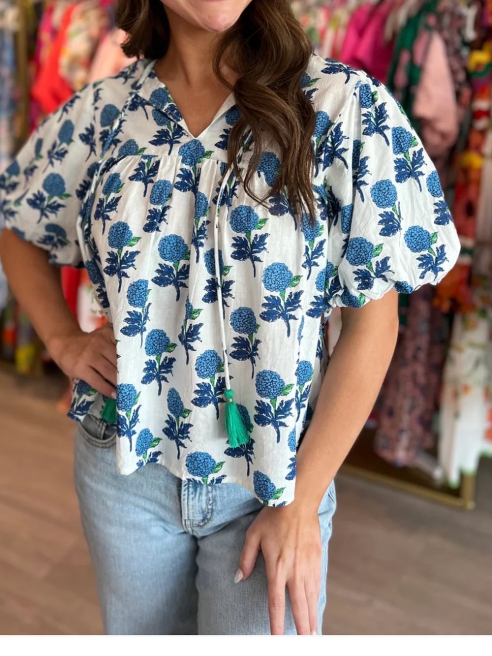 THML Blouse Top Shirt Puff Sleeve Blue Block Print Tassel Top Teacher Boutique